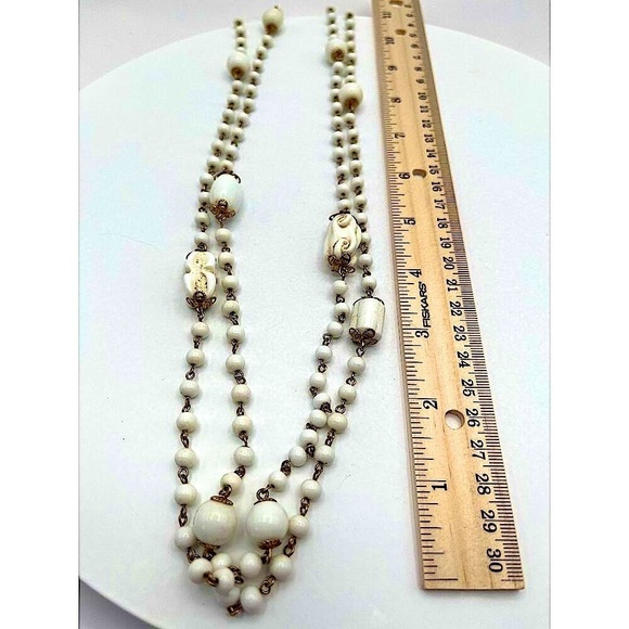 Vintage White Glass Milk Bead Necklace With Gold-Tone Accents Long N56 - Picture 6 of 6